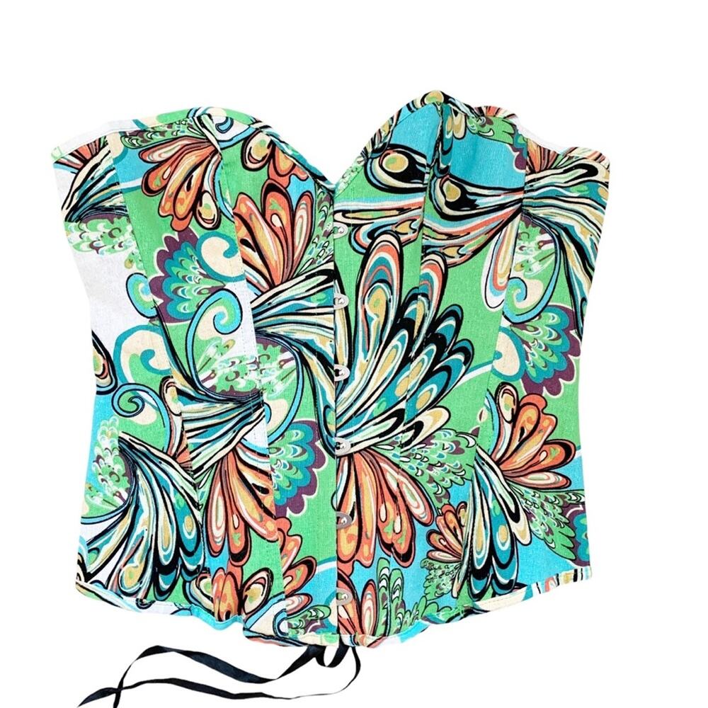 Alivila Retro Inspired Multicolor Printed Denim Lace Up Back Corset Bustier XL - Picture 5 of 11